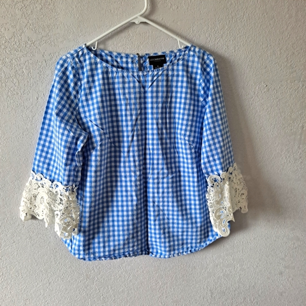 Liz Claiborne Blue Plaid Top with White Lace Elbow Sleeves